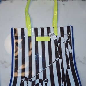 NWT Henri Bendel NY Striped Tote PVC Iconic Brown & White Stripes, Neon  Handles